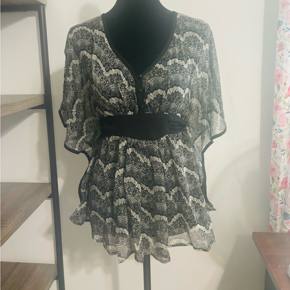 Unique Vintage Mocha brand sheer tunic top belt sz S Fan print NEW! Romanticgoth